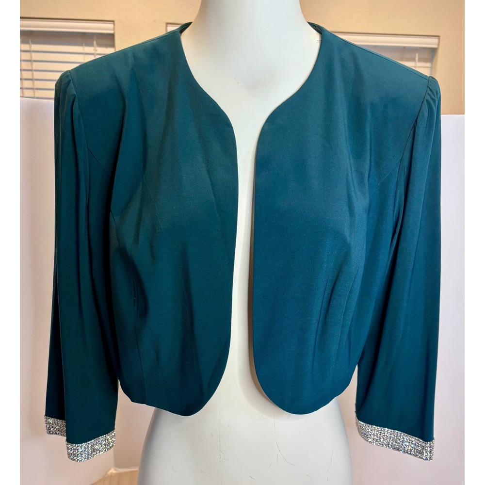 R&M Richards Womens Size 14 Teal Green Bolero Shrug Rhinestone Cuff‎ Open Jacket